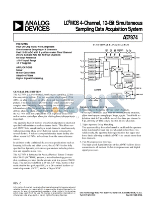 AD7874BN datasheet - LC2MOS 4-Channel, 12-Bit Simultaneous Sampling Data Acquisition System