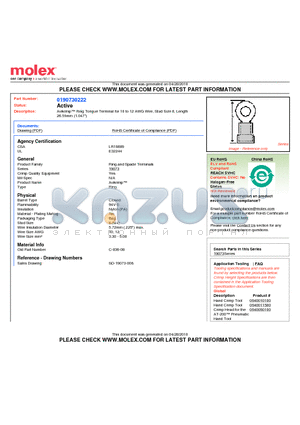 190730222 datasheet - Avikrimp Ring Tongue Terminal for 10 to 12 AWG Wire, Stud Size 8, Length26.59mm (1.047