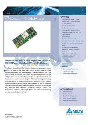 E48SR05012NRFA datasheet - Delphi Series E48SR, 66W Eighth Brick Family DC/DC Power Modules: 48V in, 1.2V/25A out