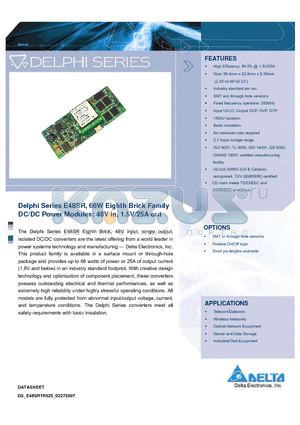 E48SR05012NRFA datasheet - Delphi Series E48SR, 66W Eighth Brick Family DC/DC Power Modules: 48V in, 1.5V/25A out