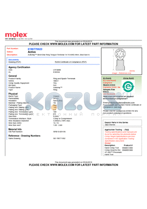 190770023 datasheet - Avikrimp Steel Star Ring Tongue Terminal 14-16 AWG Wire, Stud Size 8