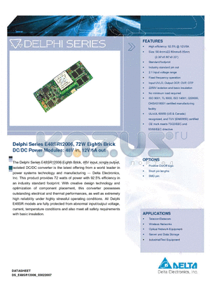 E48SR12005NRFA datasheet - Delphi Series E48SR12006, 72W Eighth Brick DC/DC Power Modules: 48V in, 12V/6A out