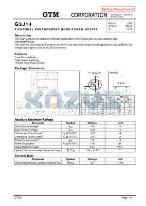 G3J14 datasheet - P-CHANNEL ENHANCEMENT MODE POWER MOSFET