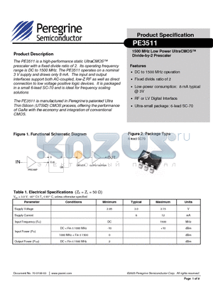 3511-51 datasheet - 1500 MHz Low Power UltraCMOS Divide-by-2 Prescaler