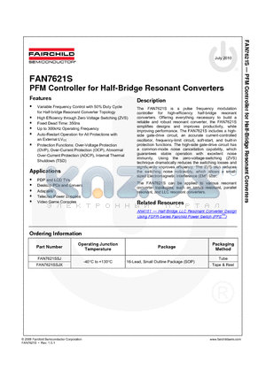 FAN7621SSJ datasheet - PFM Controller for Half-Bridge Resonant Converters