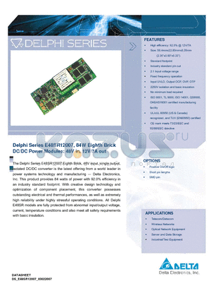 E48SR12007PKFA datasheet - Delphi Series E48SR12007, 84W Eighth Brick DC/DC Power Modules: 48V in, 12V/7A out