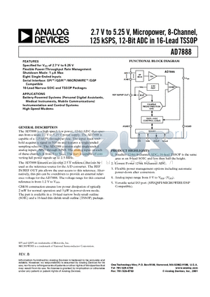 AD7888ARU datasheet - 2.7V to 5.25 V Micropower 8-Channel 125 kSPS 12-Bit ADC in 16-Lead TSSOP