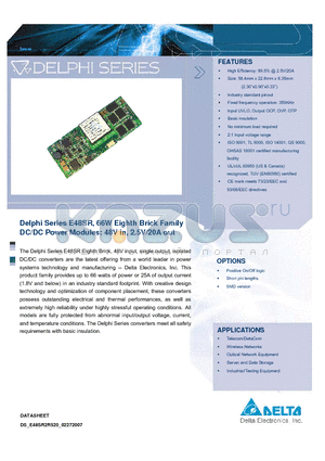 E48SR12007NRFA datasheet - Delphi Series E48SR, 66W Eighth Brick Family DC/DC Power Modules: 48V in, 2.5V/20A out