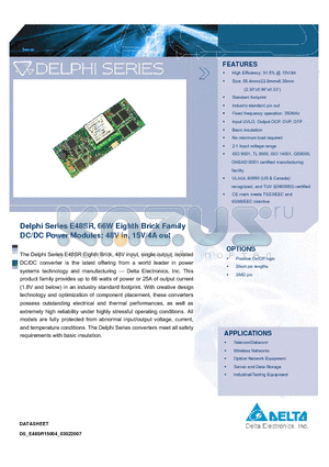 E48SR15004 datasheet - Delphi Series E48SR, 66W Eighth Brick Family DC/DC Power Modules: 48V in, 15V/4A out