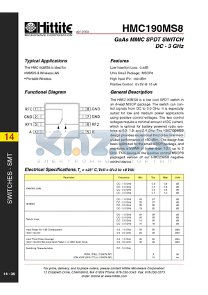 190MS8E datasheet - GaAs MMIC SPDT SWITCH DC - 3 GHz