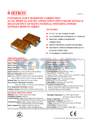 HIMP151 datasheet - UNIVERSAL INPUT HARMONIC CORRECTION AC-DC MEDICAL AND IEC APPLICATION OPEN FRAME SINGLE & MULTI-OUTPUT 150 WATTS INTERNAL SWITCHING POWER SUPPLIES