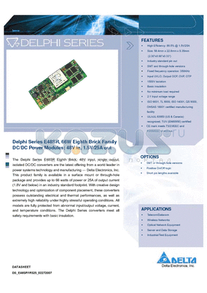 E48SR15004NRFA datasheet - Delphi Series E48SR, 66W Eighth Brick Family DC/DC Power Modules: 48V in, 1.5V/25A out