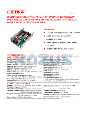 HIMP250-S240105 datasheet - HARMONIC CORRECTION(PFC) AC-DC MEDICAL APPLICATION OPEN FRAME SINGLE OUTPUT 250 WATTS INTERNAL SWITCHING POWER SUPPLIES