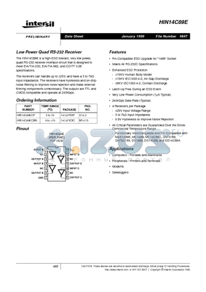 HIN14C89E datasheet - Low Power Quad RS-232 Receiver