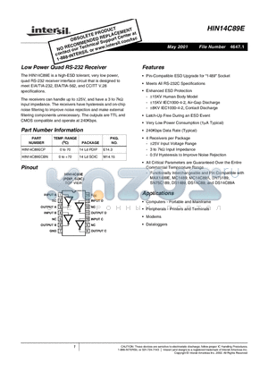 HIN14C89E datasheet - Low Power Quad RS-232 Receiver