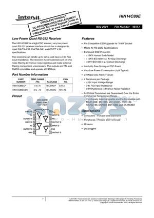 HIN14C89ECP datasheet - Low Power Quad RS-232 Receiver