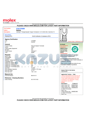 191270099 datasheet - Avikrimp Flanged Spade Tongue Terminal for 14-16 AWG Wire, Stud Size 10