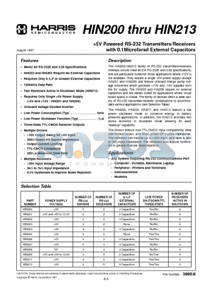 HIN200IB datasheet - 5V Powered RS-232 Transmitters/Receivers with 0.1Microfarad External Capacitors