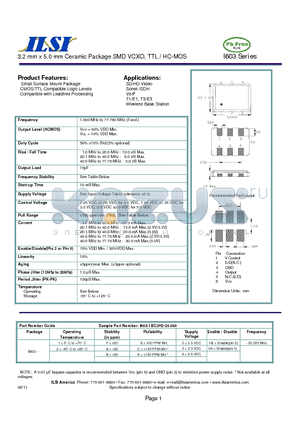 I603-1BB3H5-20.000 datasheet - 3.2 mm x 5.0 mm Ceramic Package SMD VCXO, TTL / HC-MOS