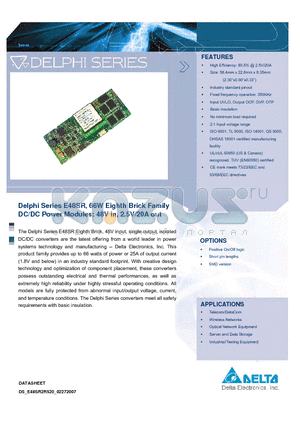 E48SR2R520 datasheet - Delphi Series E48SR, 66W Eighth Brick Family DC/DC Power Modules: 48V in, 2.5V/20A out