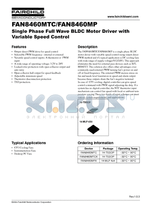 FAN8460MPX datasheet - Single Phase Full Wave BLDC Motor Driver with Variable Speed Control