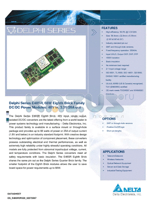 E48SR3R320NNFA datasheet - Delphi Series E48SR, 66W Eighth Brick Family DC/DC Power Modules: 48V in, 3.3V/20A out