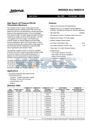 HIN205A datasheet - High Speed 5V Powered RS-232 Transmitters/Receivers