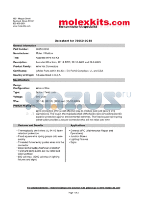 19160-0043 datasheet - Assorted Wire Nuts, 22-14 AWG, 22-10 AWG and 22-8 AWG