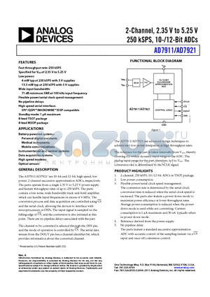 AD7921ARMZ datasheet - 2-Channel, 2.35 V to 5.25 V 250 kSPS, 10-/12-Bit ADCs