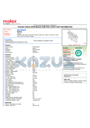 90120-0843 datasheet - 2.54mm (.100) Pitch C-Grid III Header, Single Row, Vertical, 3 Circuits, 0.76lm (30l) Gold (Au) Selective Plating