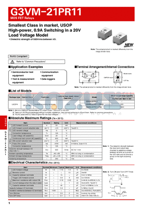 G3VM-21PR11 datasheet - Smallest Class in market, USOP High-power, 0.9A Switching in a 20V Load Voltage Model
