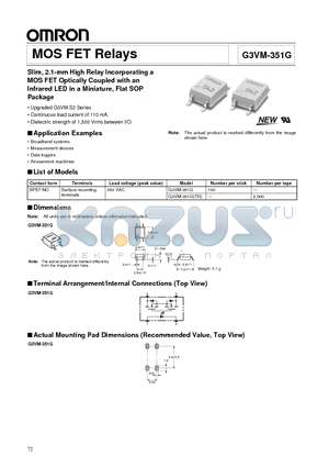 G3VM-351G datasheet - Slim, 2.1-mm High Relay Incorporating a MOS FET Optically Coupled with an Infrared LED in a Miniature, Flat SOP Package