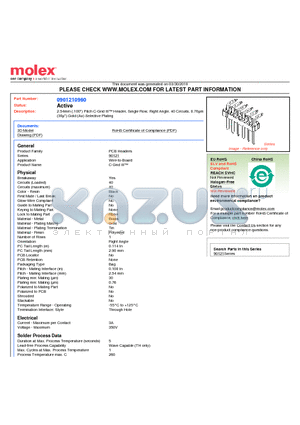 90121-0960 datasheet - 2.54mm (.100) Pitch C-Grid III Header, Single Row, Right Angle, 40 Circuits, 0.76lm (30l) Gold (Au) Selective Plating