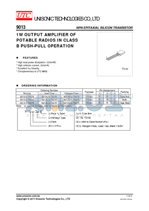 9013 datasheet - 1W OUTPUT AMPLIFIER OF POTABLE RADIOS IN CLASS B PUSH-PULL OPERATION