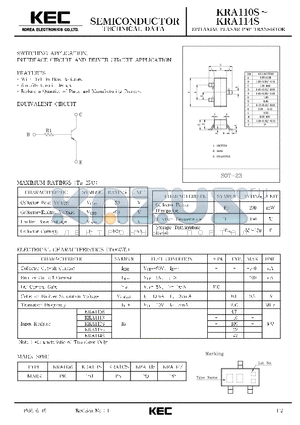 KRA110 datasheet - EPITAXIAL PLANAR PNP TRANSISTOR (SWITCHING, INTERFACE CIRCUIT AND DRIVER CIRCUIT)