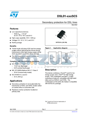 DSL01-024SC5 datasheet - Secondary protection for DSL lines