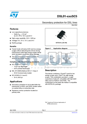 DSL01-008SC5 datasheet - Secondary protection for DSL lines