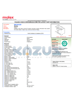 90130-1254 datasheet - 2.54mm (.100) Pitch C-Grid III Header, Dual Row, Vertical, Shrouded, Fully Loaded, 54 Circuits, Black, 0.38lm (15l) Gold (Au) Selective Plating