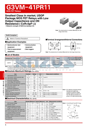 G3VM-41PR11 datasheet - Smallest Class in market, USOP Package MOS FET Relays with Low Output Capacitance and ON Resistance ( CxR=5pFgY)