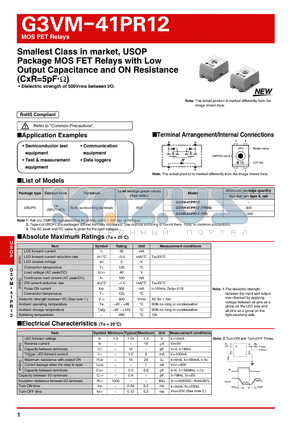 G3VM-41PR12 datasheet - Smallest Class in market, USOP Package MOS FET Relays with Low Output Capacitance and ON Resistance