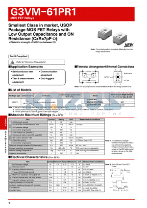 G3VM-61PR1 datasheet - Smallest Class in market, USOP Package MOS FET Relays with Low Output Capacitance and ON Resistance (CxR=7pFgY)