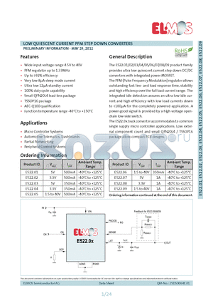 E52201 datasheet - The E522.01/02/03/04/05/06/07/08/09 product family provides ultra low quiescent current step down DC/DC converters with integrated power MOSFET.