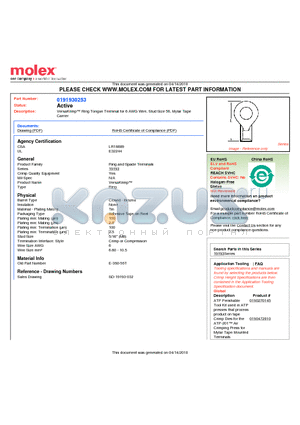 191930253 datasheet - VersaKrimp Ring Tongue Terminal for 6 AWG Wire, Stud Size 56, Mylar TapeCarrier