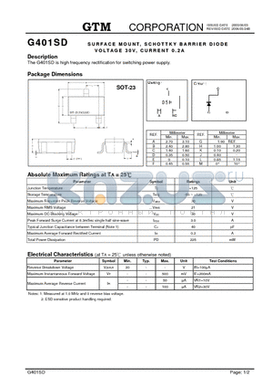 G401SD datasheet - SURFACE MOUNT, SCHOTTKY BARRIER DIODE VOLTAGE 40V, CURRENT 0.2A