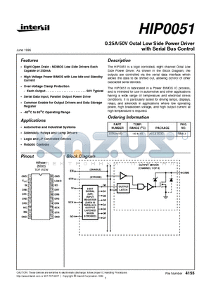HIP0051IB datasheet - 0.25A/50V Octal Low Side Power Driver with Serial Bus Control