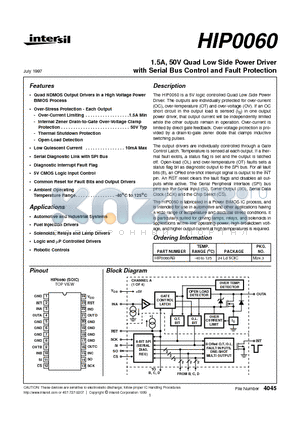HIP0060 datasheet - 1.5A, 50V Quad Low Side Power Driver with Serial Bus Control and Fault Protection