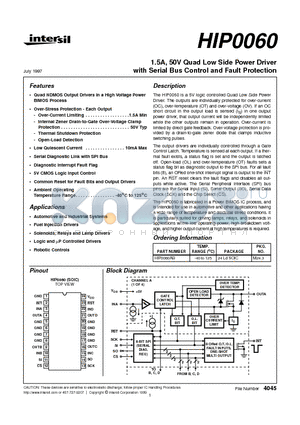 HIP0060AB datasheet - 1.5A, 50V Quad Low Side Power Driver with Serial Bus Control and Fault Protection