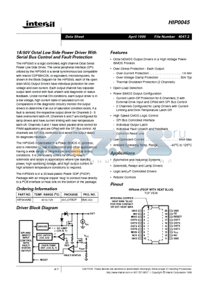 HIP0045AB datasheet - 1A/50V Octal Low Side Power Driver With Serial Bus Control and Fault Protection