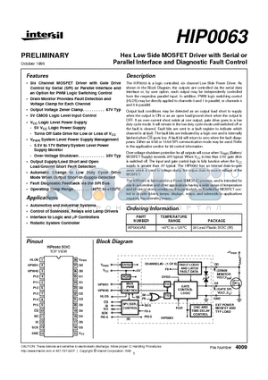HIP0063 datasheet - Hex Low Side MOSFET Driver with Serial or Parallel Interface and Diagnostic Fault Control