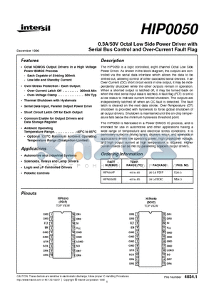HIP0050 datasheet - 0.3A/50V Octal Low Side Power Driver with Serial Bus Control and Over-Current Fault Flag